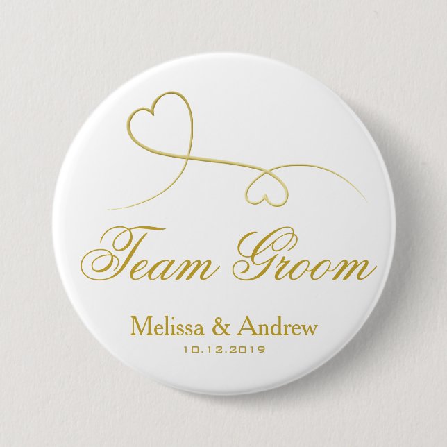 Team Groom | Two Gold Hearts Wedding 3 Inch Round Button (Front)