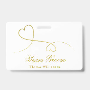 Team Groom Two Gold Hearts Wedding Badge