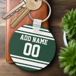 Team Jersey with Custom Name and Number Keychain<br><div class="desc">Green and White colours -- If you are a Fantasy Football team owner,  make your own products and show off to your friends! Or - Do you play High School Football and want a memento? This jersey design is perfect for anyone playing sports.</div>