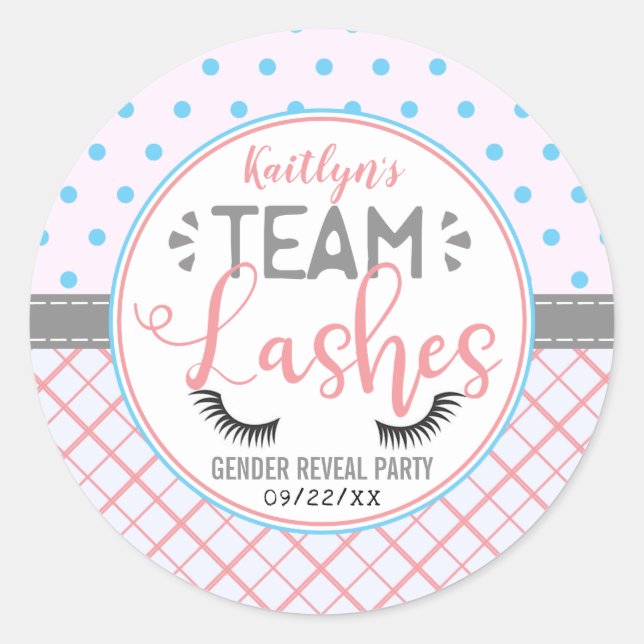 "Team Lashes" Modern Gender Reveal Party Classic Round Sticker (Front)