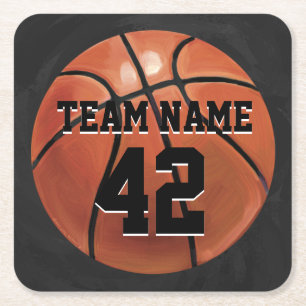 Team Name and Number Basketball Square Paper Coaster