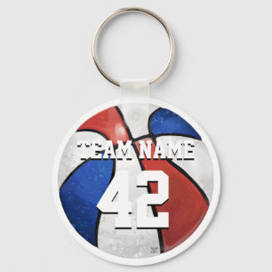 Team Name and Number Red White Blue Basketball Keychain