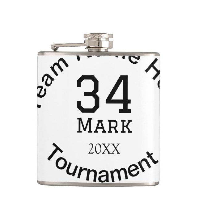 Team name here add name tournament year text hip flask (Front)