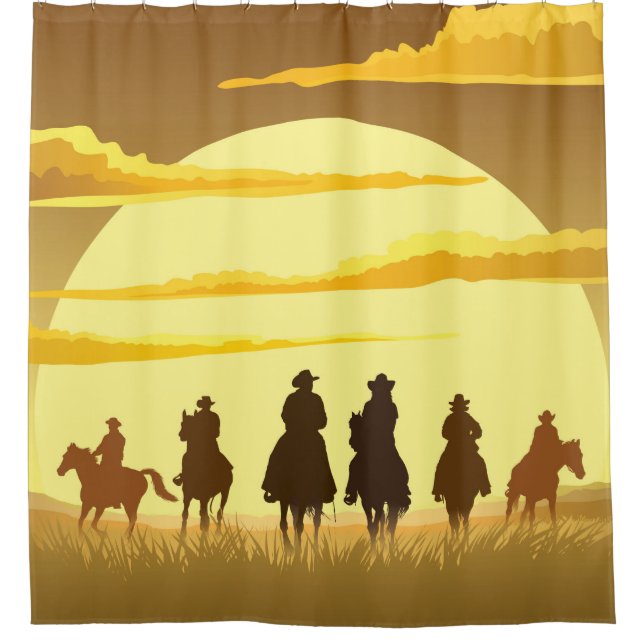 Team of cowboys silhouette galloping against a sun (Front)