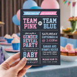 Team Pink or Team Blue Chalkboard Gender Reveal Invitation<br><div class="desc">Invite friends and family to find out if your new baby is a boy or a girl with this cute trendy modern baby gender reveal party invitation. The design features a sporty Team Pink or Team Blue theme with a fun bold mix of typography in shades of white, pink and...</div>