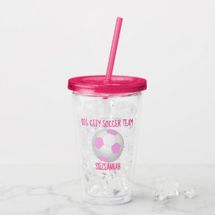 Team & Player Name Girly Pink White Soccer Ball Acrylic Tumbler