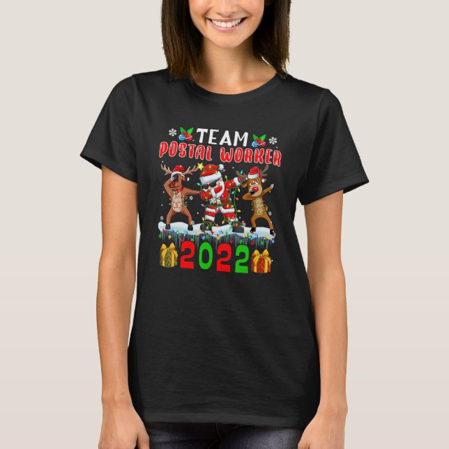 Team Postal Worker 2022 Xmas Lights Dabbing Reinde T-Shirt (Front)