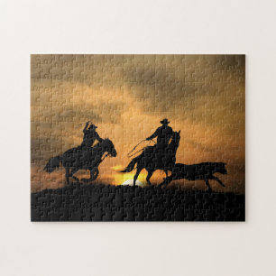 Team Roping Cowboys Horses and Steer Jigsaw Puzzle