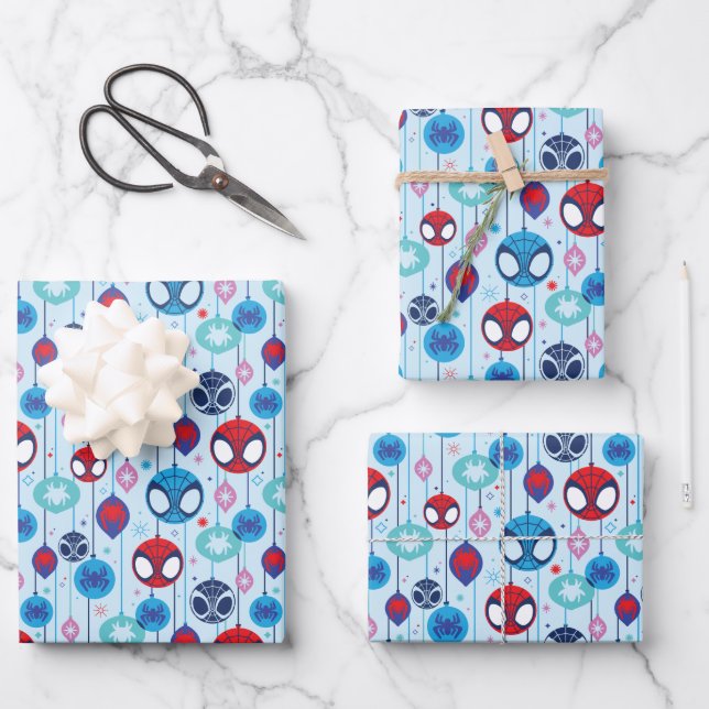Team Spidey Holiday Bauble Pattern Wrapping Paper Sheet (Front)
