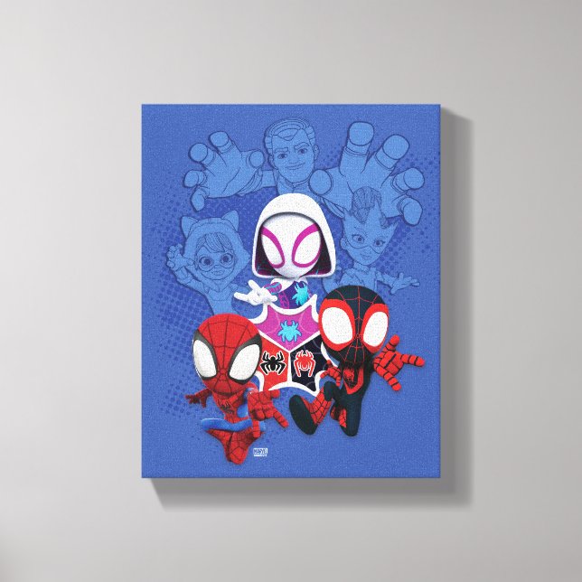 Team Spidey Leap From Black Cat, Sandman, Electro Canvas Print (Front)