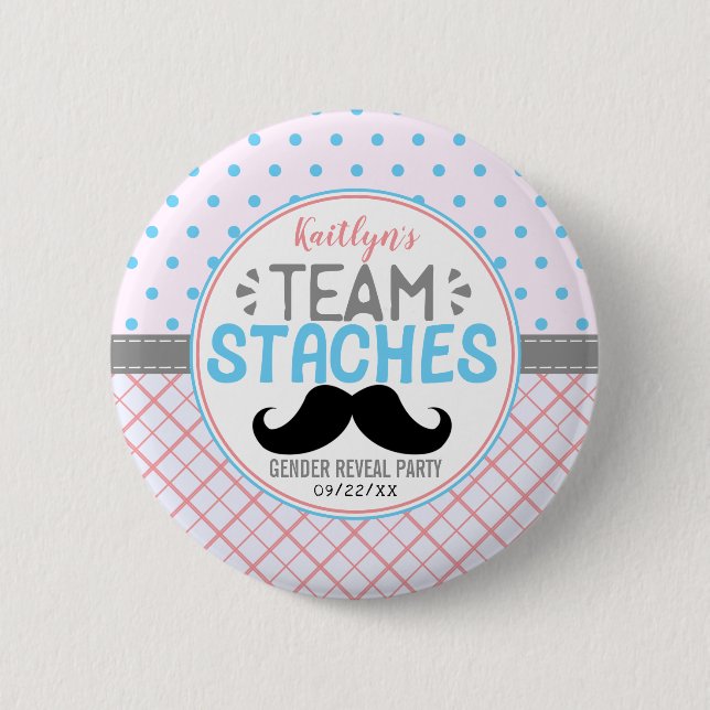 "Team Staches" Modern Gender Reveal Party 2 Inch Round Button (Front)