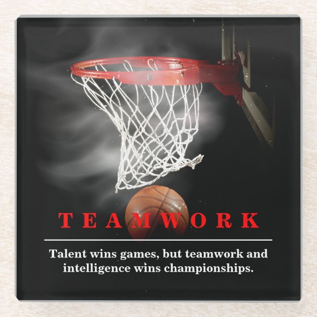 Teamwork Basketball Motivational Inspirational Glass Coaster (Front)