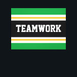 TEAMWORK Bright Green Black White Racing Stripes Canvas Print<br><div class="desc">This sporty,  athletic design features bold TEAMWORK text inside a highlighted wide black stripe with double white and yellow racing stripes against bright green outer stripes.   The text in this design can be personalized.</div>