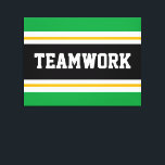 TEAMWORK Bright Green Black White Racing Stripes Canvas Print<br><div class="desc">This sporty,  athletic design features bold TEAMWORK text inside a highlighted wide black stripe with double white and yellow racing stripes against bright green outer stripes.   The text in this design can be personalized.</div>