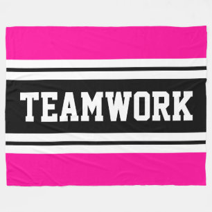 TEAMWORK Bright Pink Black White Racing Stripes Fleece Blanket