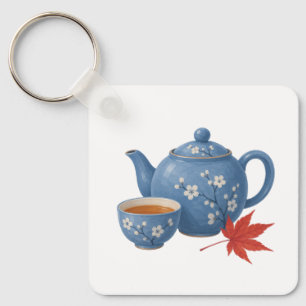 Teapot and Autumn Maple Leaf Keychain