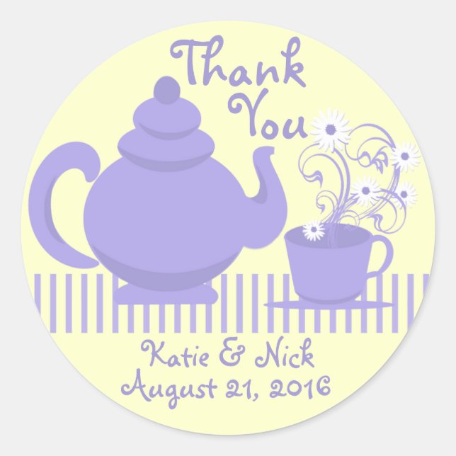 Teapot and Daisies Purple Classic Round Sticker (Front)