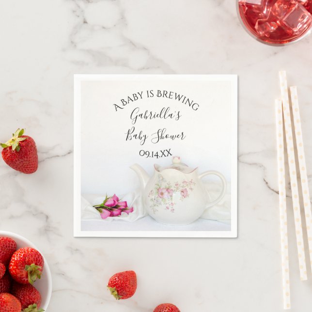 Teapot and Pink Roses Baby is Brewing Shower Napkin (Insitu)