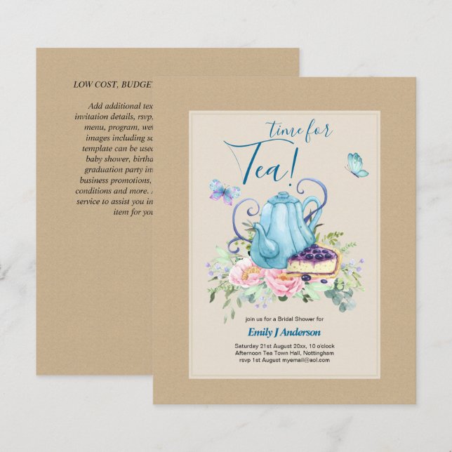 Teapot Bridal Shower Teatime Afternoon Tea Invites (Front/Back)