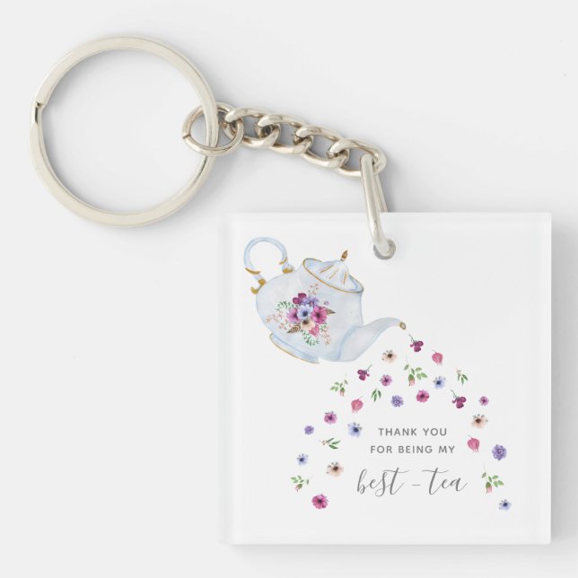 Teapot Floral Best Tea Pun Thank You Keychain (Front)
