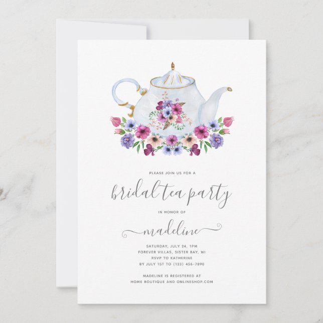 Teapot Floral Tea Party Bridal Douche Invitation (Devant)