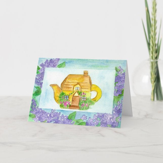 Teapot Lilac Watercolor Flowers Happy Birthday Card (Front)
