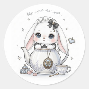 Teapot Maid Bunny - Antique Peek-a-Boo Kawaii Art Classic Round Sticker