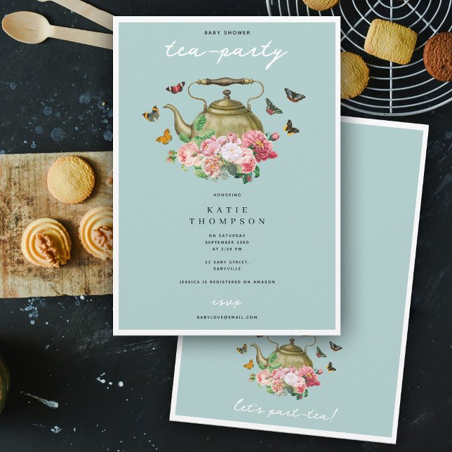 Teapot Party Blue Floral Butterflies Baby Shower Invitation (Teapot Party Blue Floral Butterflies Baby Shower Invitation)
