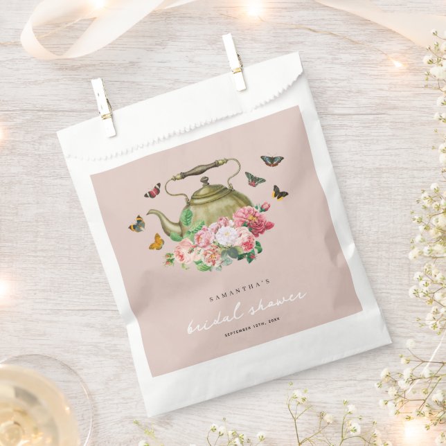 Teapot Party Pink Floral Butterflies Bridal Shower Favour Bag (Clipped)