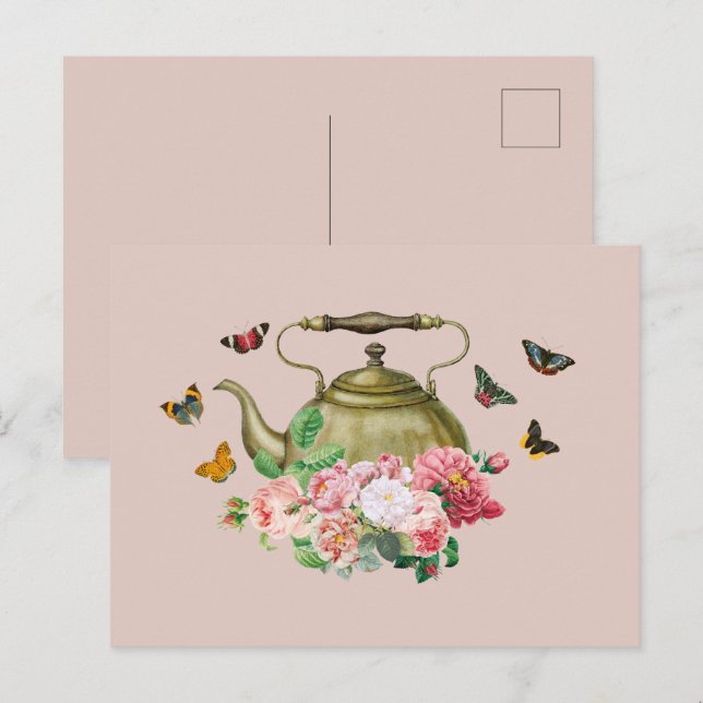 Teapot Party Pink Floral & Butterflies Kettle Holiday Postcard (Front/Back)