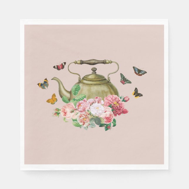 Teapot Party Pink Floral & Butterflies Kettle Napkin (Front)