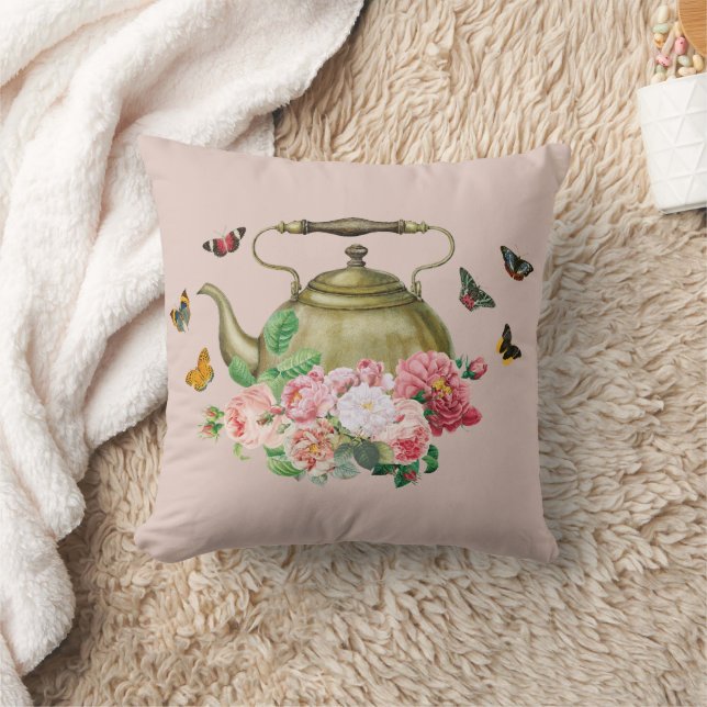 Teapot Party Pink Floral & Butterflies Kettle Throw Pillow (Blanket)