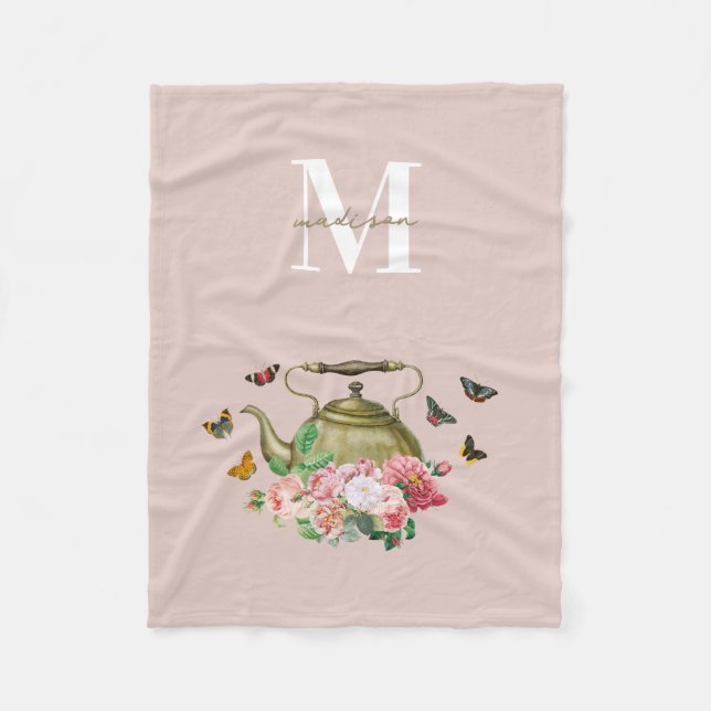 Teapot Party Pink Floral & Butterflies Monogram Fleece Blanket (Front)