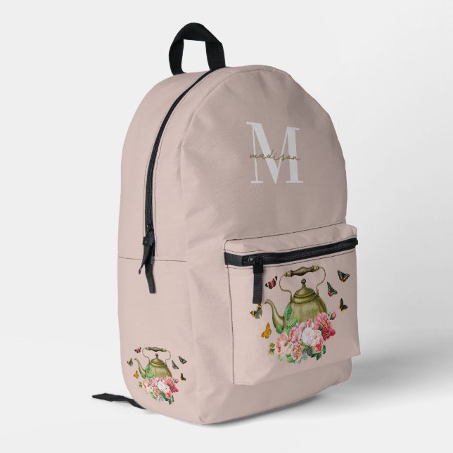 Teapot Party Pink Floral & Butterflies Monogram Printed Backpack (Back Corner Left)