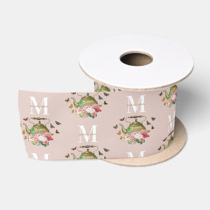 Teapot Party Pink Floral & Butterflies Monogram Satin Ribbon