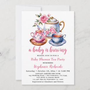 Teapot Pink Rose Flower Tea Party Baby Shower Invitation