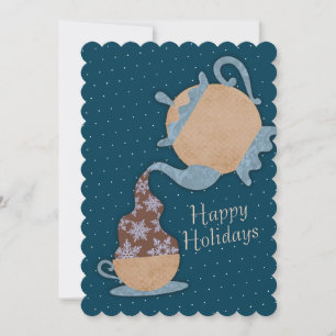 Teapot pouring snowflakes in tea cup Christmas Holiday Card