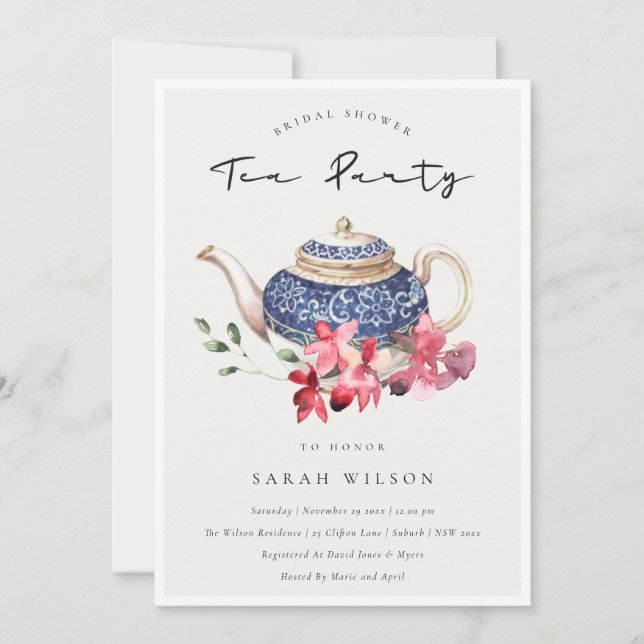 Teapot Red Floral Bridal Shower Tea Party Invite (Front)
