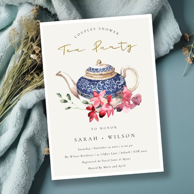 Teapot Red Floral Couples Shower Tea Party Invite (Creator Uploaded)