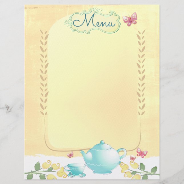 Teapot rose shabby chic tea party menu en-tête (Devant)