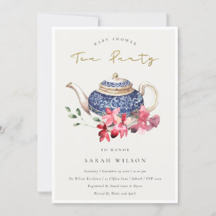 Teapot rouge Baby shower Floral Invitation Tea Par