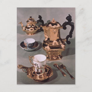 Teapot, sugar bowl, chocolate pot and mug postcard