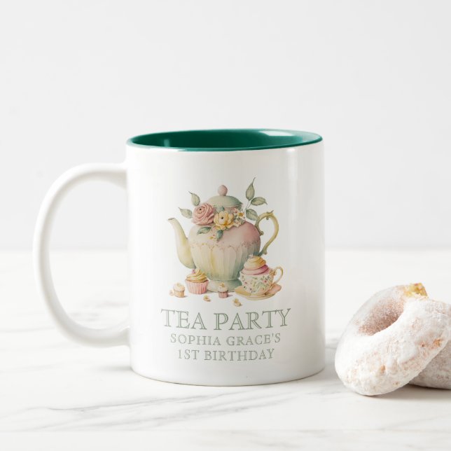 Teapot & Tea Cups Whimsical Wildflowers Custom Mug (With Donut)
