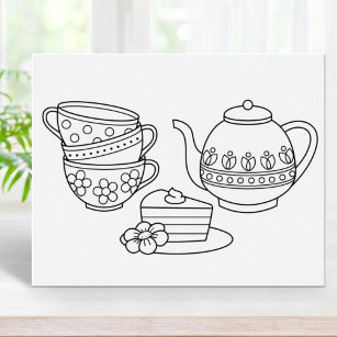 Teapot, Teacups, and Cake Colouring Page Poster
