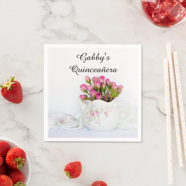 Teapot with Pink Roses Quinceañera Napkin (Insitu)