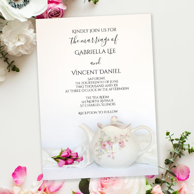 Teapot with Pink Roses Tea Party Wedding Invitation (Creator Uploaded)