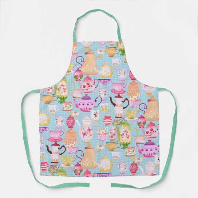 Teapots and Cups Blue Kitchen Towels Apron (Front)