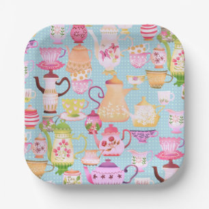 Teapots and Cups Blue Paper Plate