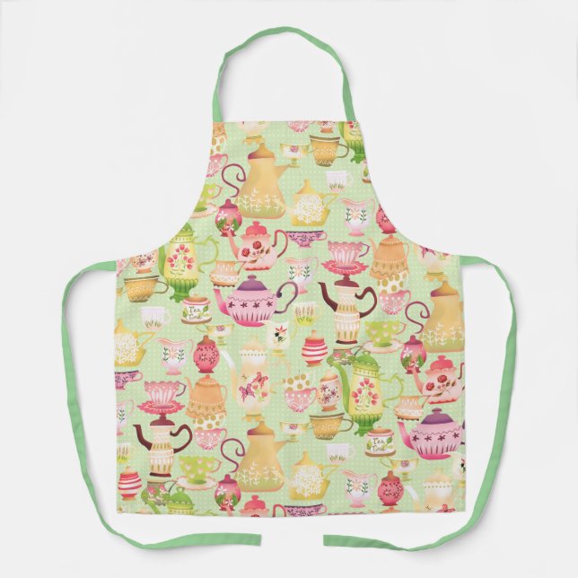 Teapots and Cups Green Kitchen Towels Apron (Front)