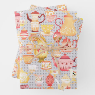 Teapots and Cups Grey Wrapping Paper Sheet